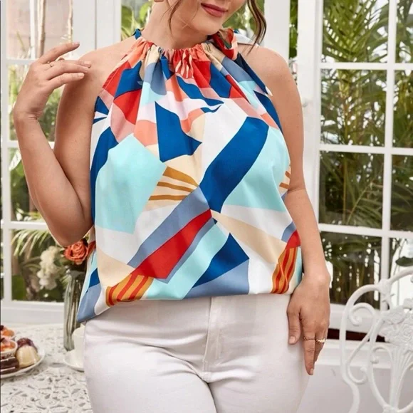 Boho Plus Size Abstract Print Ruched Back Tie Halter Top Blouse - Picture 2 of 6